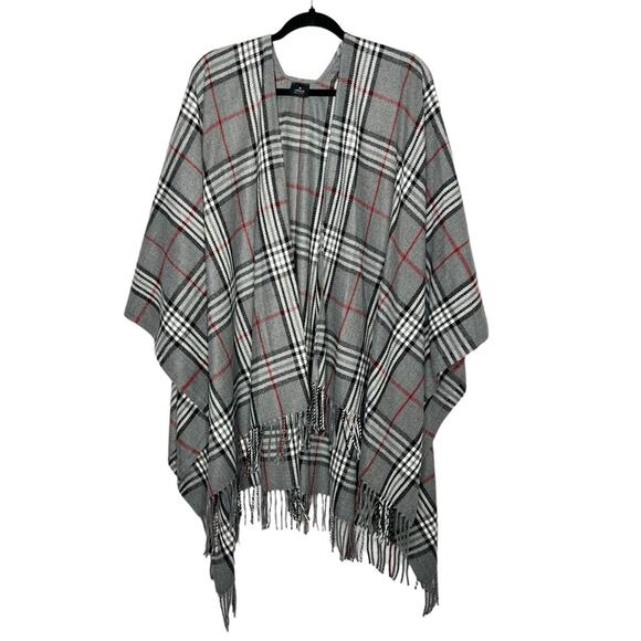 V.FRASS / gray white black red black fringe scarf poncho wrap throw / one size - Picture 1 of 6